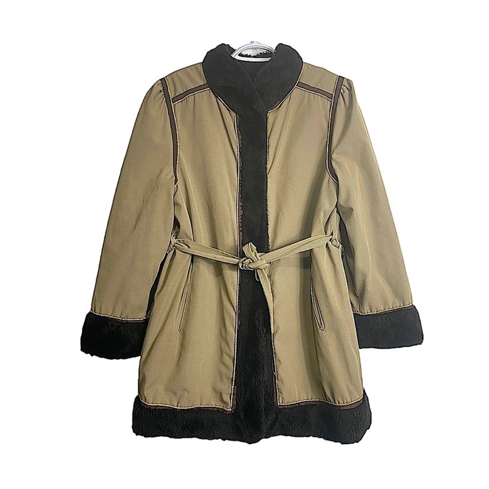 Vintage 70s Boho Khaki Belted Coat Brown Faux Fur Lining Metallic Gold Piping M